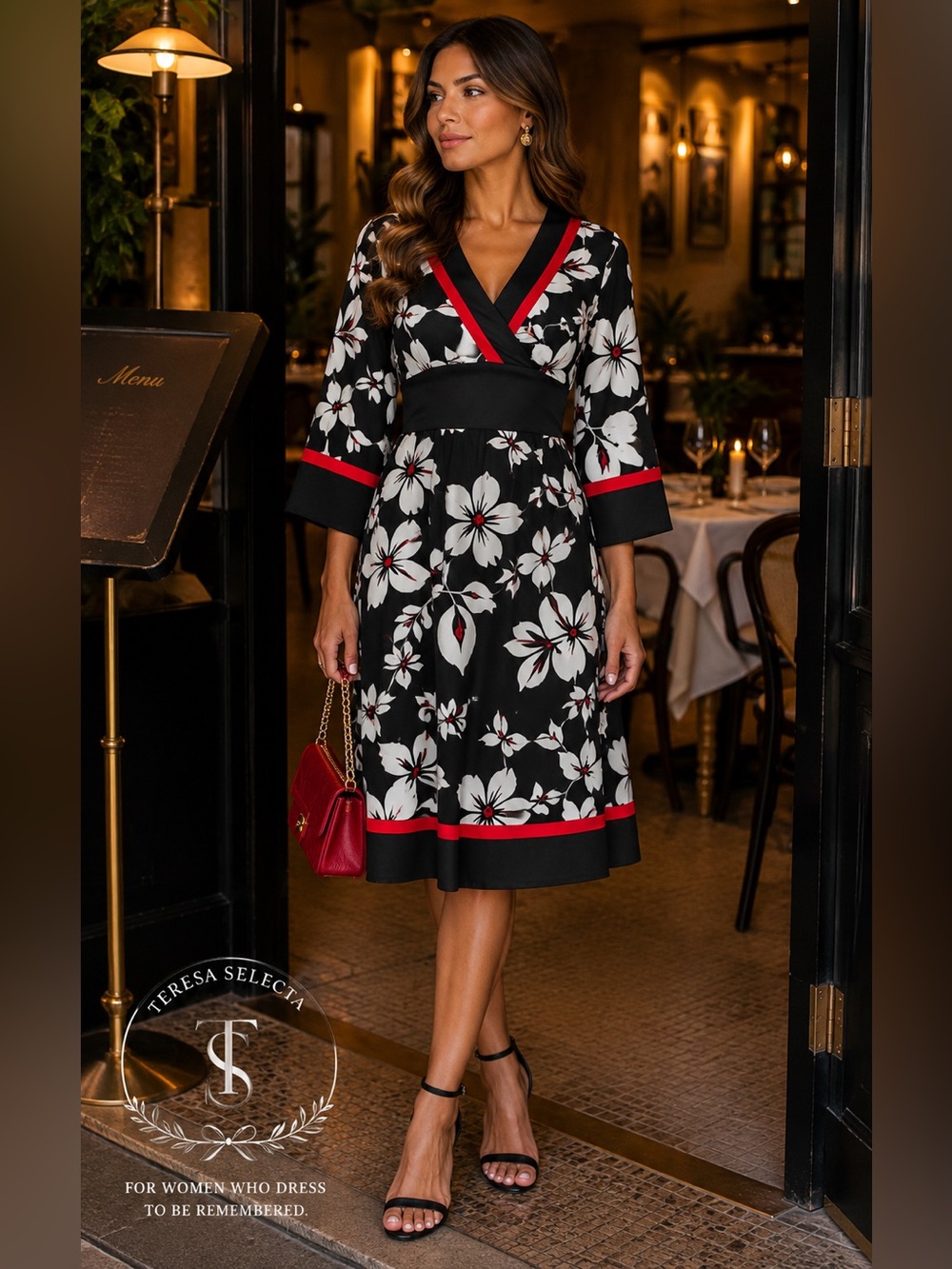 NWT NESLAY Black White Floral Midi Dress Red Trim V Neck Empire Waist Size M